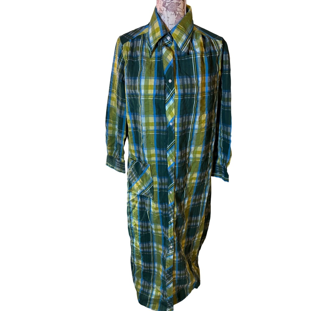 Vintage Dynasty Plaid Maxi Dress Full Length Button Front 70s Style Large